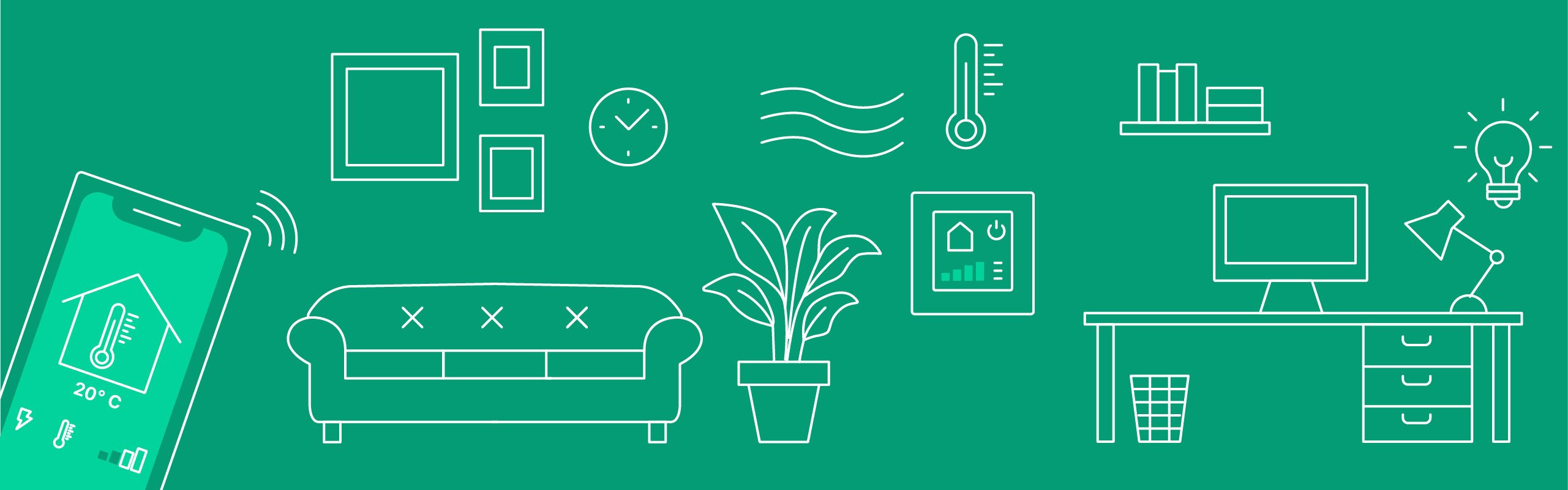 Kategorie-Header Smart Home mobil weiße Icons zum Thema Smart Home auf grünem Hintergrund
