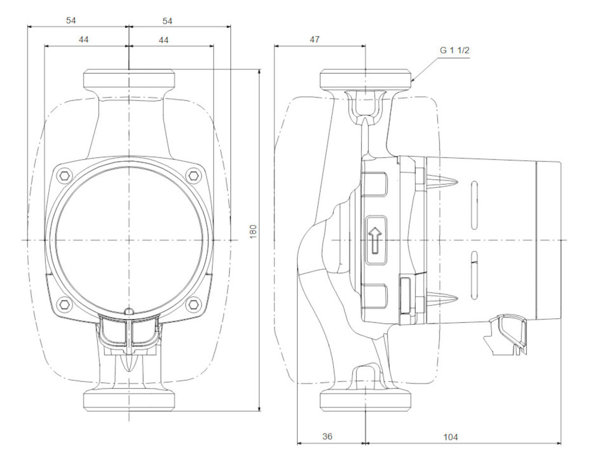 Grundfos ALPHA2, 25-40, 180 mm, Abmessungen, auf weißem Hintergrund