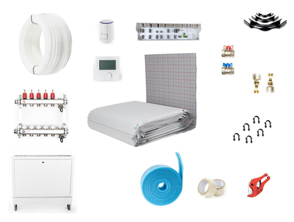 10-130 m² Tackersystem Fußbodenheizung Set – Multidämmrolle 35-3 WLG045 – PE-RT 17×2 – VA 10 – mit Regeltechnik