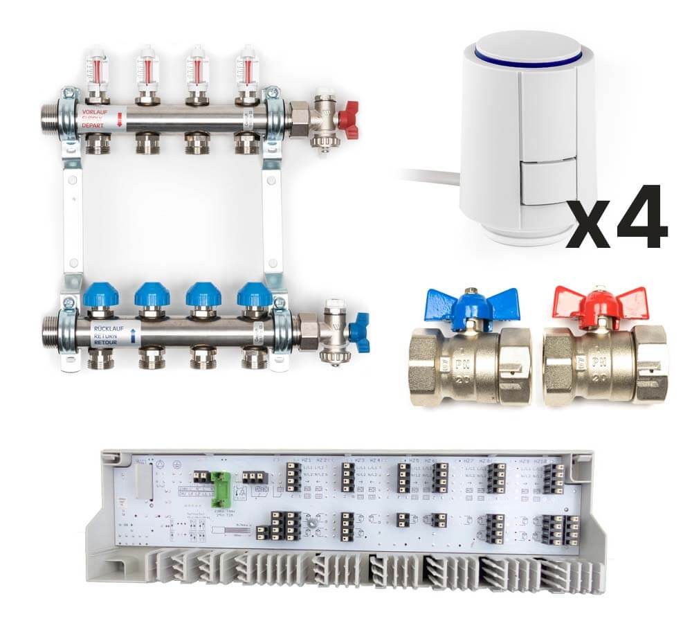 Dynamischer Heizkreisverteiler «Premium» mit automatischer Durchflussregelung im Komplett-Set, 4 Heizkreise