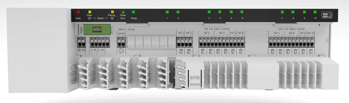 Möhlenhoff Alpha SW Basisstation 6 Zonen, Rückansicht mit Anschlüssen und leuchtenden LED-Lichtern